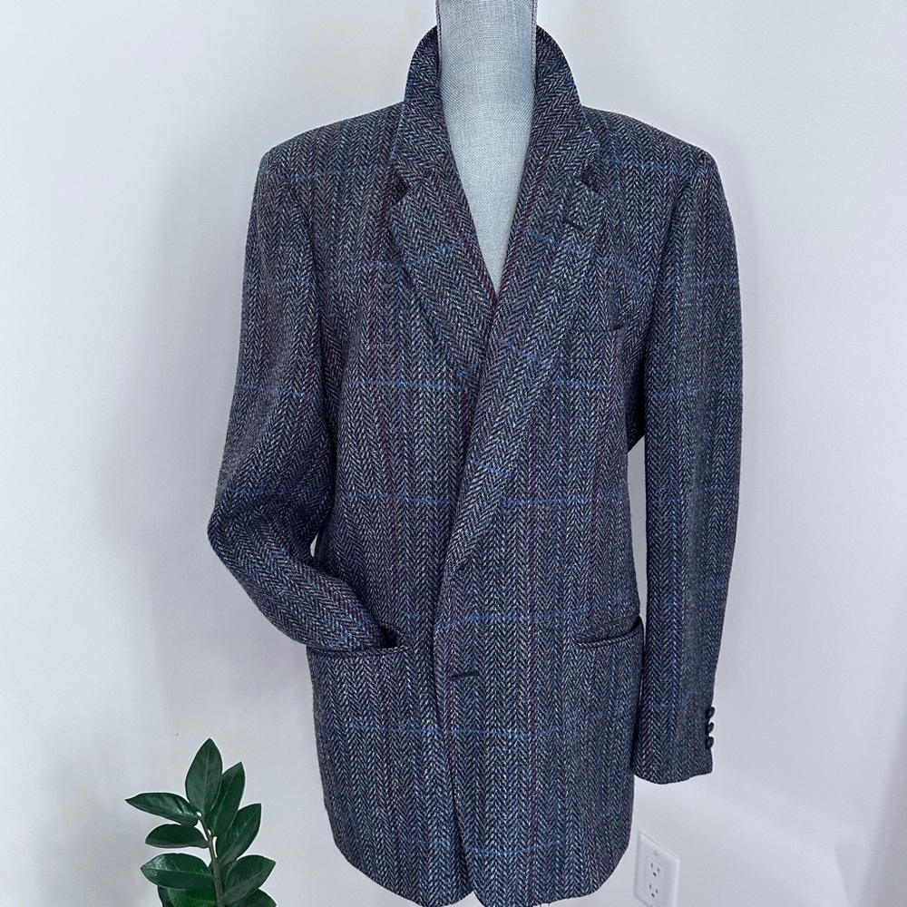 Unisex Men’s Tweed  Plaid Herringbone Wool Blazer sz  46R - grey/blue *
